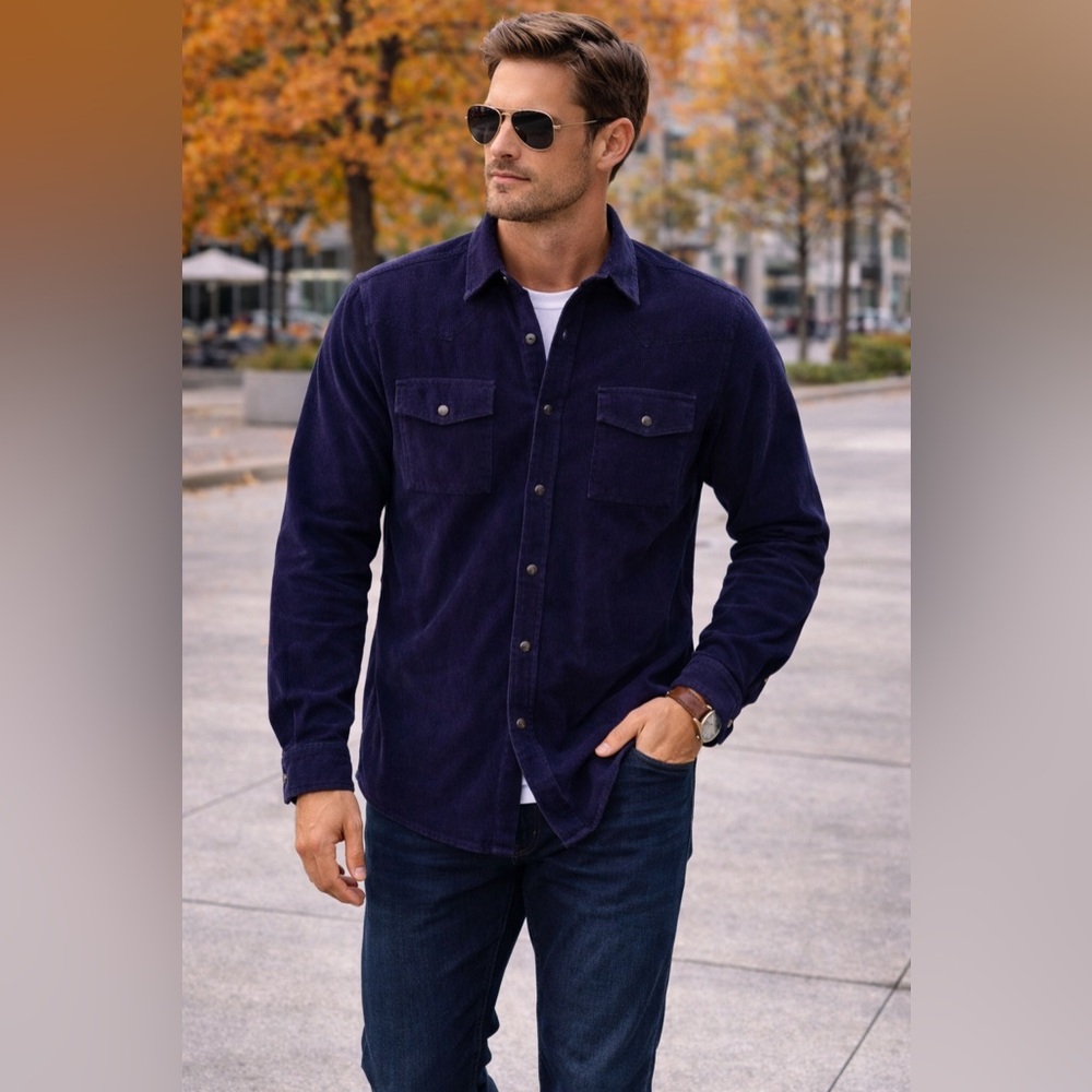 Navy blue  fine snap up  corduroy shirt. B48